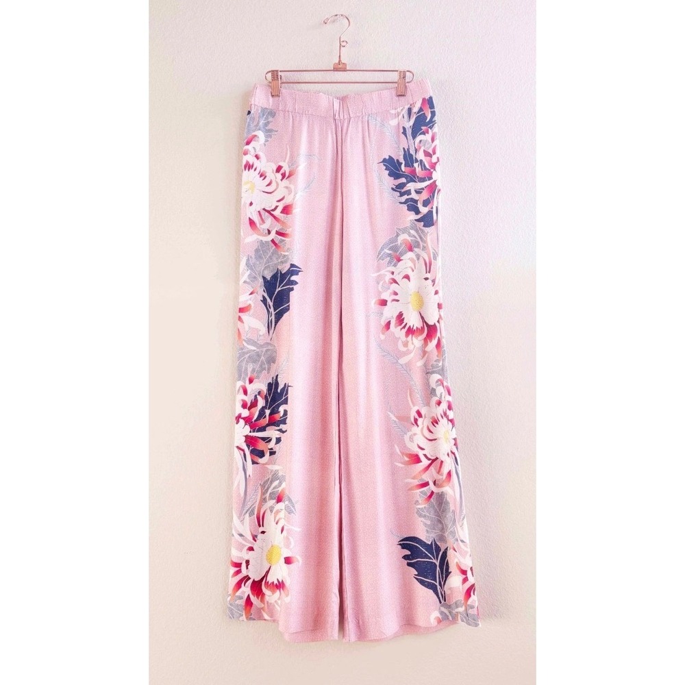 Adrienne Vittadini Wide Leg Pants Pink Floral Casual Tropical Women's Medium